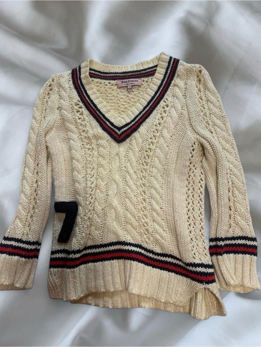 Juicy Couture Cream Cable V-Neck Sweater with Navy & Red Trim